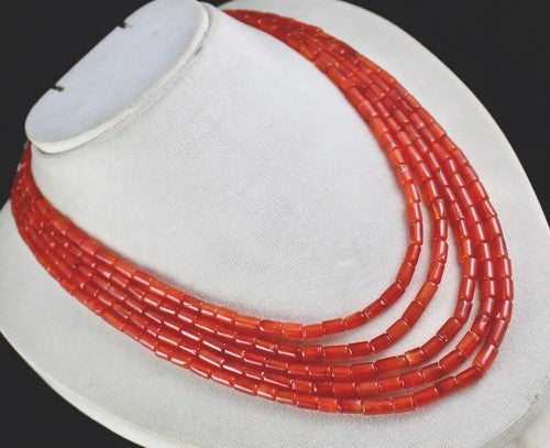 Natural Red Carnelian Gemstone Necklace 492 Ct Fancy Tube Beads 5 Line