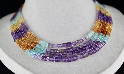 Natural Aquamarine 471ct Peridot Citrine Amethyst Square Bead Necklace