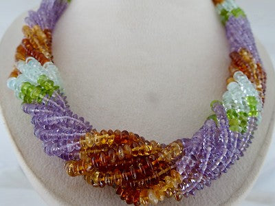 Peridot Citrine Amethyst 860ct Blue Topaz Aqua 10 Line Round Beads Necklace