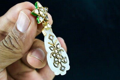 Certified Antique Nephrite Jade 90ct Natural Diamond 18k Gold Jadau Earrings