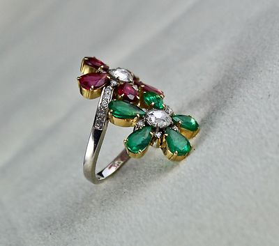 Certified Natural Emerald Rubellite Diamond 10ct 18k Gold Flower Cocktail Ring