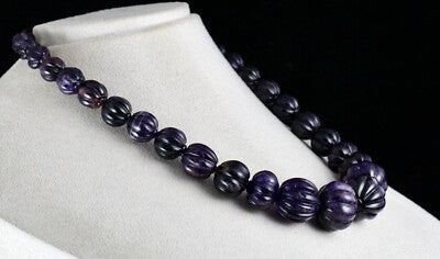 Natural Amethyst Carved Melon Bead 23mm 810ct Sterling Silver Gemstone Necklace