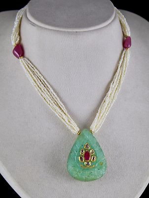 Certified Antique Natural Emerald 10ct Ruby Diamond Pearl 18k Gold Necklace