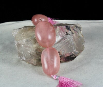 Pink Natural Rose Quartz Beads 543 Ct Gemstone Design Long Oval 3 Pcs