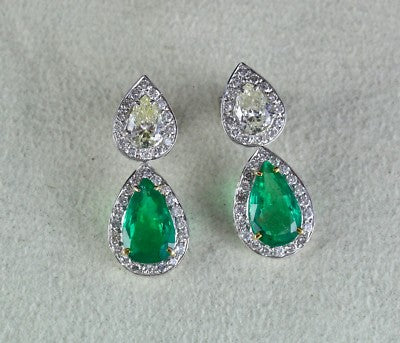 Certified Natural Zambia Emerald 54ct Natural Diamond Pear Cut 18k Gold Earrings