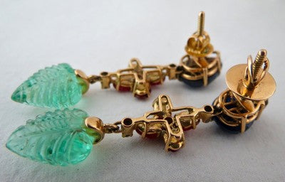 Certified Estate Natural Emerald 10ct Ruby Sapphire Carved Diamond 18k Earrings