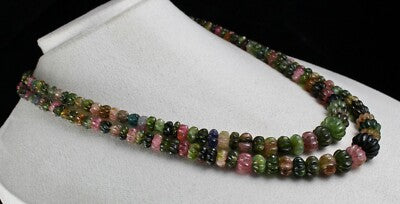 Certified Natural Multi Tourmaline 602 Ct Carved Beads Gemstone Necklace