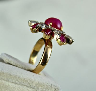 Certified Natural Ruby 62.85ct Cabochon Natural Diamond 18k Gold Cocktail Ring