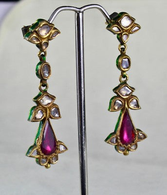 Antique 22k Gold Natural Diamond Pink Tourmaline Jadau Set 257ct Earrings
