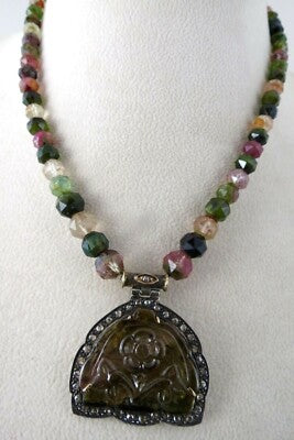 Multi Colour Tourmaline 10ct Natural Diamond Victorian Pendant Sterling Silver