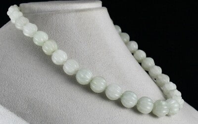 Natural Aventurine Jade 568 Ct Carved Melon Gem Beads Sterling Silver Necklace
