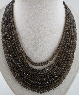 Natural Black Smoky Quartz 610 Cts Faceted Bead Round Gemstone Necklace 7 Line