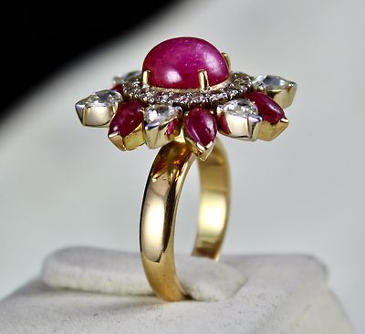 Certified Natural Ruby 62.85ct Cabochon Natural Diamond 18k Gold Cocktail Ring