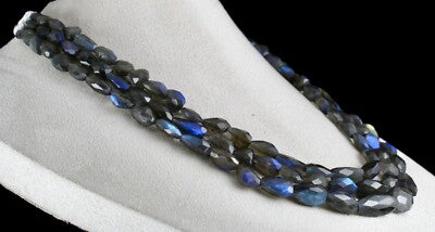 Natural Black Labradorite 688 Ct Faceted Tumble 3 Line Gemstone Beads Necklace