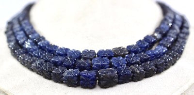 Natural Blue Jade Carved Square Beads Necklace 652 Ct 3 Line Gemstone Fashion