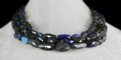Natural Black Labradorite 688 Ct Faceted Tumble 3 Line Gemstone Beads Necklace