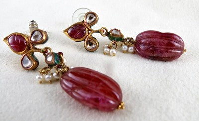 Certified Antique Natural Ruby 64.50 Ct 22k Gold Diamond Pearl Jadau Earrings