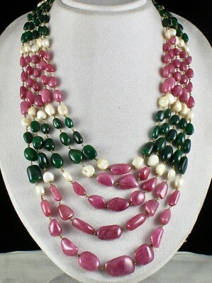 Certified Antique Natural Ruby 1196ct Emerald Pearl 18k Gold Necklace For Women