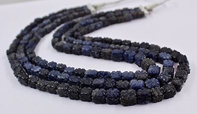 Natural Blue Jade Carved Square Beads Necklace 652 Ct 3 Line Gemstone Fashion