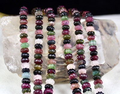 Certified Natural Multi Tourmaline 442ct Beads Melon Carved 3 Line Necklace