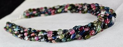 Certified Natural Multi Tourmaline Cabochon Beads Silver Necklace 985 Ct