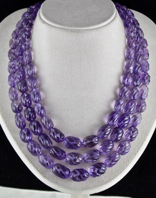 Certified Natural Amethyst Oval Carved Beads 1373 Ct Sterling Silver Necklace