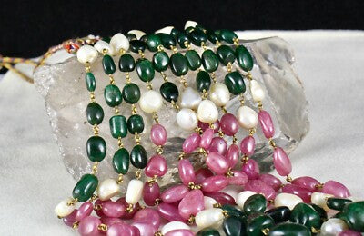 Certified Antique Natural Ruby 1196ct Emerald Pearl 18k Gold Necklace For Women