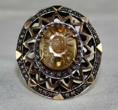 Antique Yellow Citrine 121ct Natural Diamond 18k Gold Sterling Silver Ring