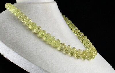 Certified Natural Lemon Quartz Carved Melon Round Beads Necklace 856 Ct Yellow