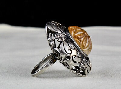 Antique Yellow Citrine 10ct Natural Diamond 18k Gold 925 Silver Victorian Ring