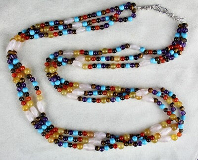 Handmade Natural Semi Precious 1077 Ct Beads 3 Line Gemstone Fashion Necklace
