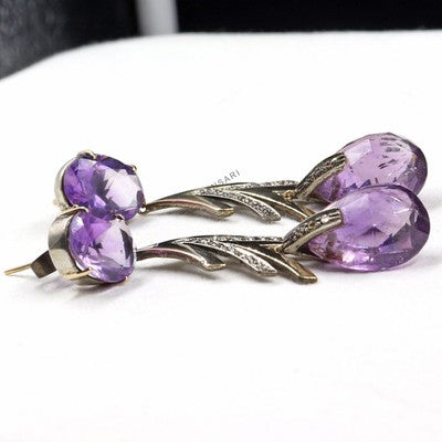 Amethyst 10 Ct & Natural Diamond Victorian Pavé Earrings 18K Solid Gold