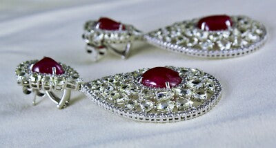 Certified Burma Ruby 200ct Natural Rose Cut Diamond 18k Gold Cocktail Earrings