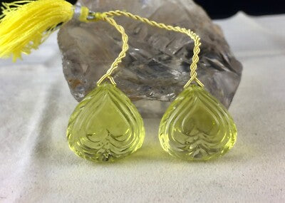 Natural Green Gold Lemon Quartz Carved Drops 153 Cts Earring Pendant Stone