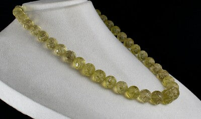 Certified Lemon Quartz 674 Ct Engraved Gemstone Vintage Beaded Necklace
