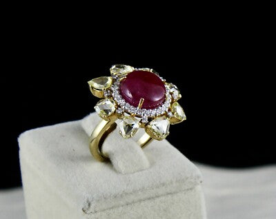 Certified Natural Burma Ruby 48ct Cabochon Natural Diamond 18k Gold Ring