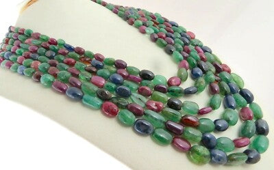 Certified Natural Emerald Ruby Sapphire 1462ct Beads Long Necklace