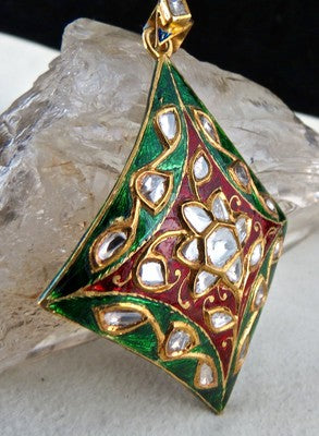 Certified Ethnic Jadau Natural Diamond 122.5ct Kundan Meena 22k Gold Pendant