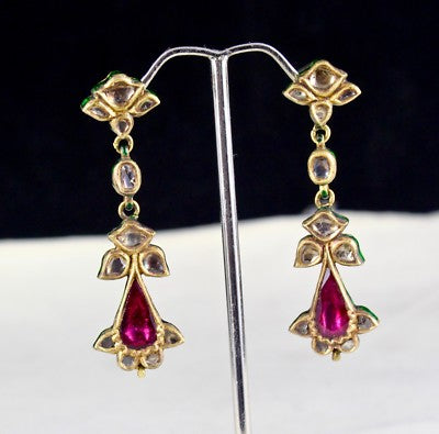 Antique 22k Gold Natural Diamond Pink Tourmaline Jadau Set 257ct Earrings
