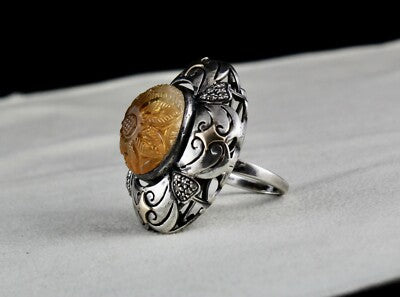 Antique Yellow Citrine 10ct Natural Diamond 18k Gold 925 Silver Victorian Ring