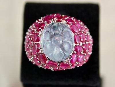 Certified Natural Blue Sapphire 18k Gold Party Ring With Carved Rubies Diamond