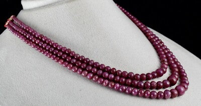 Certified Natural Ruby 444 Ct Beads Round 3 Line Gemstone Beaded Necklace
