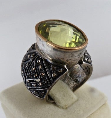 Natural Lemon Quartz Oval Gemstone & Diamond 10ct 18k Gold Sterling Silver Ring