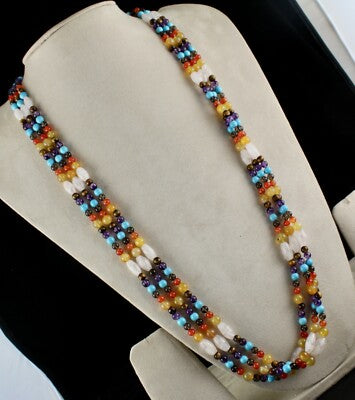 Handmade Natural Semi Precious 1077 Ct Beads 3 Line Gemstone Fashion Necklace