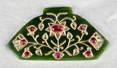 Certified Natural Green Jade 134.5ct Pendant Diamond Ruby 22k Gold Jadau Piece