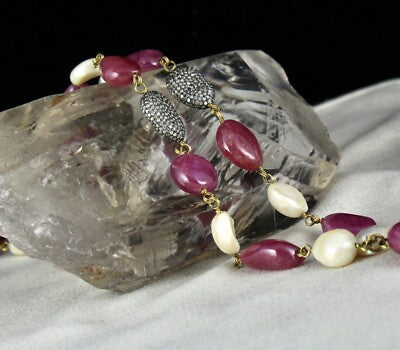 Certified Natural Ruby 555ct Pearl Natural Diamond Bead Necklace 18k Gold Set