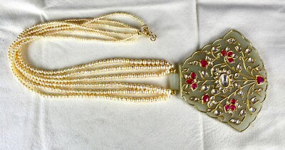 Certified Antique Nephrite Jade Ruby 10ct Natural Diamond 22k Gold Pearl Pendant