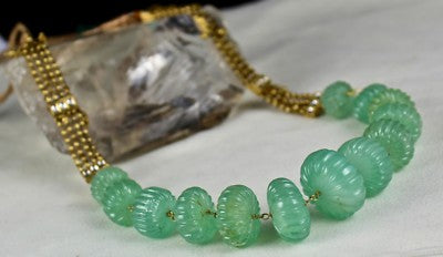 Certified Estate Natural Emerald 510ct Carved Melon Beads Diamond Gold Necklace