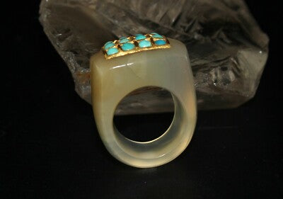 Antique Yellow Chalcedony 10ct Blue Turquoise 22k Gold Classic Ring For Women