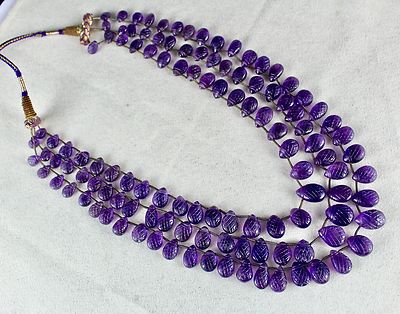 Amethyst Pear Drops Engraved Beaded Necklace 400 Ct Natural Gemstone String